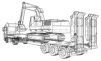 Low bed Truck Trailer and excavator. Wire-frame. EPS10 format. Vector rendering of 3d.