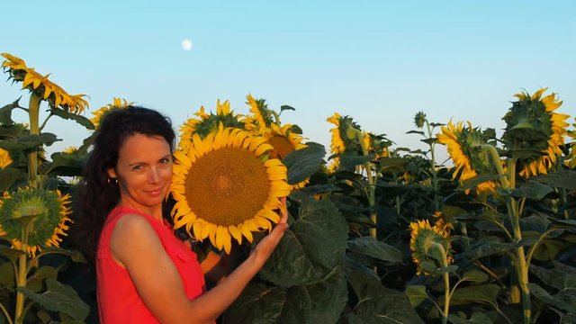 Happy girl with a big sunflower in the background of the moon. Face of woman close-up with flower of sunflower.