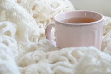 Warm and comfy autumn or winter concept. Book, cup of lemon tea and sweater on wooden window sill in old house. Reading and relaxing in cold fall weather at home. Quiet silent homely scene.