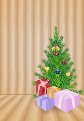 Christmas tree with gift boxes and wooden background, Holiday Christmas winter background
