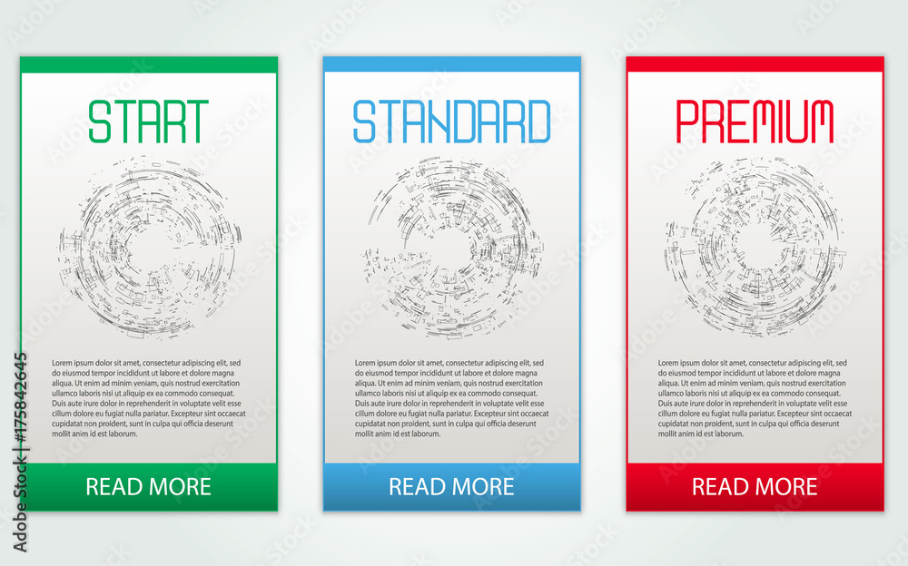 Poster three banners. pricelist, hosting plans and web design boxes of banners. banners for tariffs and pri