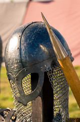 Knight in armor.helmet and spear of a knight