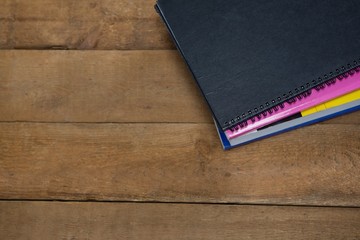 Book stack on wooden table