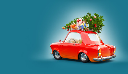 Red Santa's car with gift boxes and christmas tree on the top