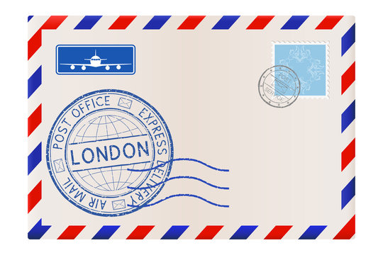 International mail envelope with LONDON stamp. Blue postmark and stamps