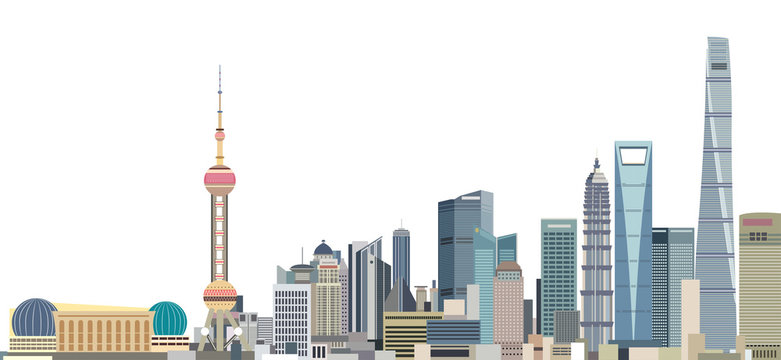 Shanghai City Skyline At Sunrise Vector Illustration