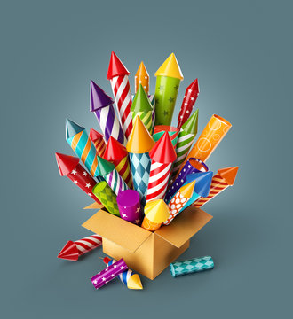 bright colorful fireworks rockets in a box.