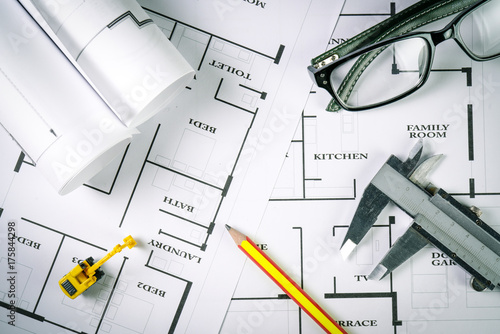 Top View Of Architect Drawing On Non Identified Architectural Top View Of Architect Drawing On Non Identified Architectural Project With Various Tools Such As