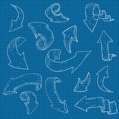 Arrows. White hand drawn sketch on blueprint background