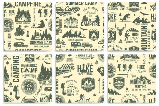 Summer Camp And Hiking Seamless Pattern Or Background.