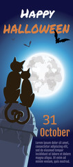 Happy Halloween, a couple of cats seated on a tombstone on a background of the moon, vector illustration