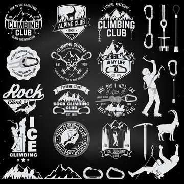 Set of Rock Climbing club badges with design elements