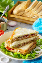 Double sandwich with canned tuna and feta cheese served with lettuce leaves on a background of gray stone.