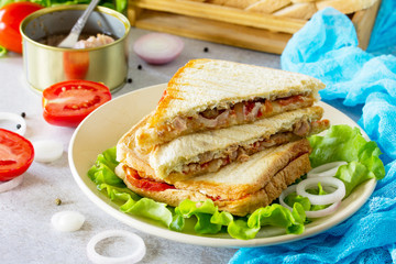 Double sandwich with canned tuna and feta cheese served with lettuce leaves on a background of gray stone.