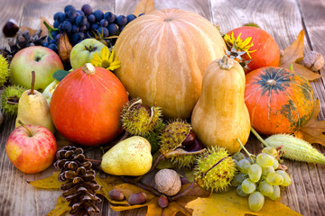 Seasonal harvest on table - eating healthy food (organic fruit and vegetable)