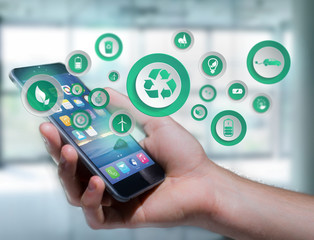 Businessman in front of a wall with a business network connection displayed on a futuristic interface with technology icon - Worldwide business concept