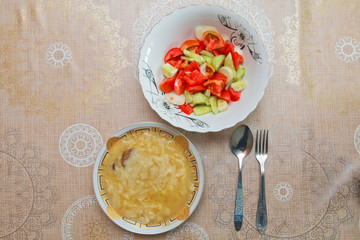 Hamirashi / Erishde dish, badumcan stuffed dish and cucumber, tomato salad / Azerbaijani dish