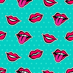 Seamless pattern with fashionable lips patch set