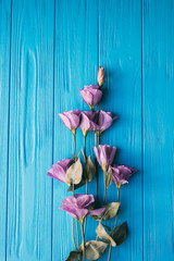 Fototapeta na wymiar Delicate purple eustoma flowers and a wooden heart on blue wooden background.