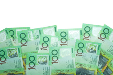 Australian dollar, Australia money 100 dollars banknotes stack on white background with clipping path.