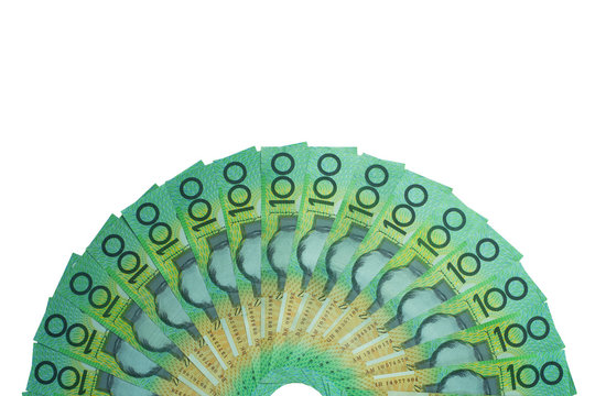 Australian Dollar, Australia Money 100 Dollars Banknotes Stack On White Background With Clipping Path.