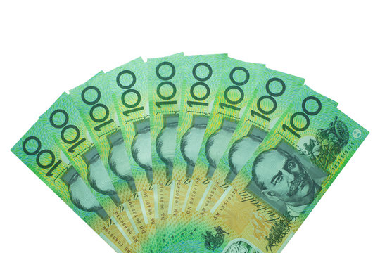 Australian dollar, Australia money 100 dollars banknotes stack on white background with clipping path.