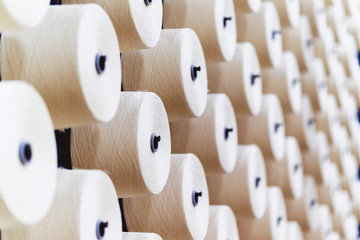 large group of bobbin thread cones on a warping machine in a textile mill.