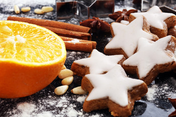 Baking christmas cookies. Typical cinnamon stars bakery