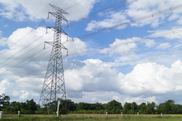 High voltage post or High-voltage tower in a rice field