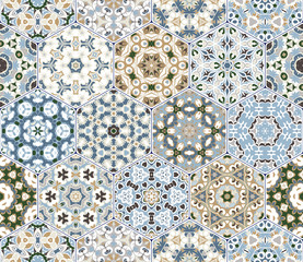 A rich set of hexagonal ceramic tiles in shades of blue and brown. Colorful elements in oriental style. Vector illustration. - obrazy, fototapety, plakaty