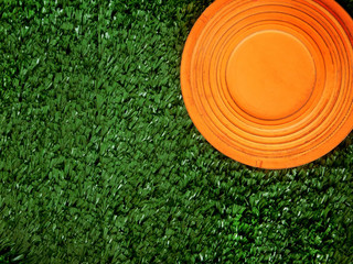 Flying target plate for shotgun sport is lying on the green grass. Copy space