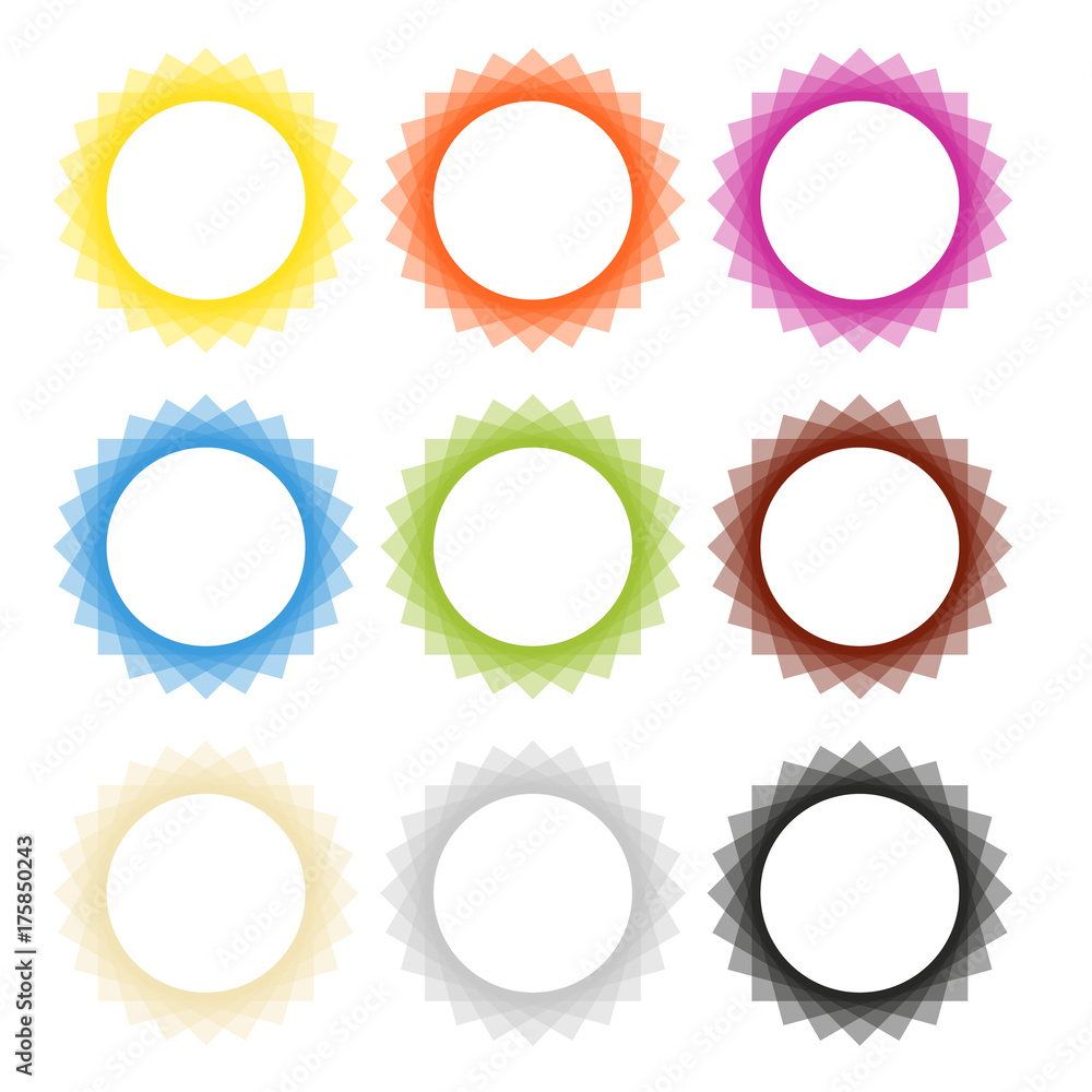 Poster set of 9 isolated vector abstract frame badges in different colors