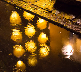 reflection of lights on wet rainy street