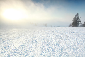 Fototapeta na wymiar sunrise in fog on the snowy mountain top