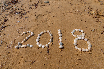 Fototapeta na wymiar 2018 New Year text on sand