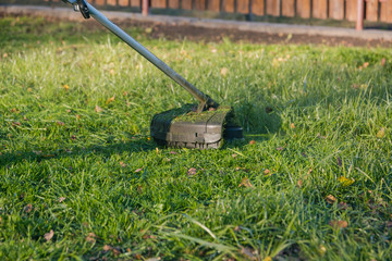 A man mows the grass with a trimmer