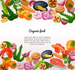 Organic food and seafood vector sketch colorful banner, persimmo