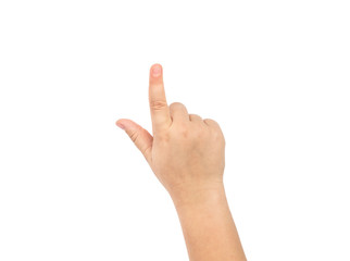 Child's hand touching to something. Isolated on white.