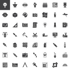 Graphic design tools vector icons set, modern solid symbol collection, filled pictogram pack. Signs, logo illustration. Set includes icons as  blueprint, feather, pantone, dropper, web design