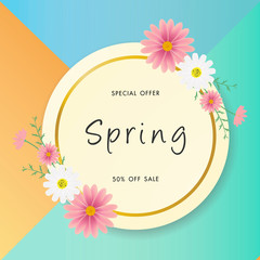 Spring sale background with beautiful flower, vector illustration template, banners, Wallpaper, invitation, posters, brochure, voucher discount.