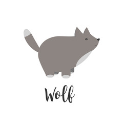 Vector baby animal and hand letters. Greeting card with cute wolf. Vector cartoon illustration of baby animals. Logo, badges, banners, emblem and design elements.