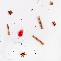 Mulled wine ingredients on white background. Flat lay, top view Christmas or New Year holiday concept.