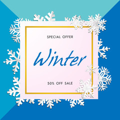 Obraz premium Winter sale background with snow flake, vector illustration template, banners, Wallpaper, invitation, posters, brochure, voucher discount
