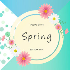 Spring sale background with beautiful flower, vector illustration template, banners, Wallpaper, invitation, posters, brochure, voucher discount.
