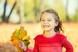 Happy little girl with autumn leaves in the park