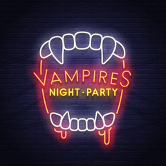 Vampires neon sign. Night paty neon. Happy Halloween. Neon sign, bright signboard, light banner. 