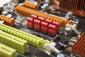 Computer motherboard close-up, repair concept