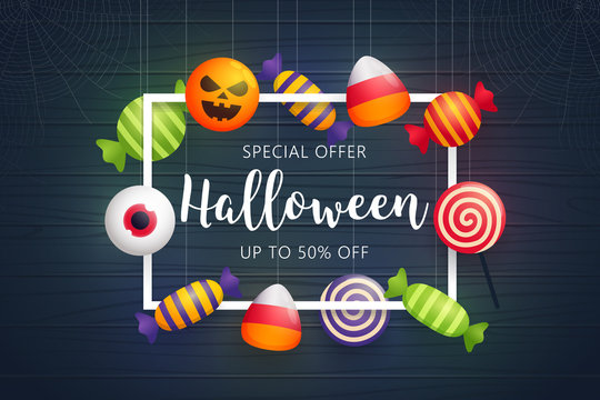Happy Halloween banner, flyer. Cute candy.  Banners sale. Vector illustration.