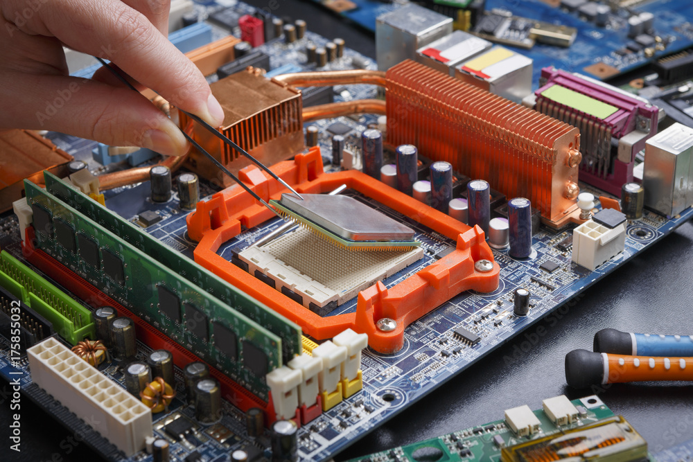 Poster Computer processor chip disassembling close up