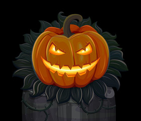 Halloween pumpkin is smiling. Isolated on black background. Vector illustration.